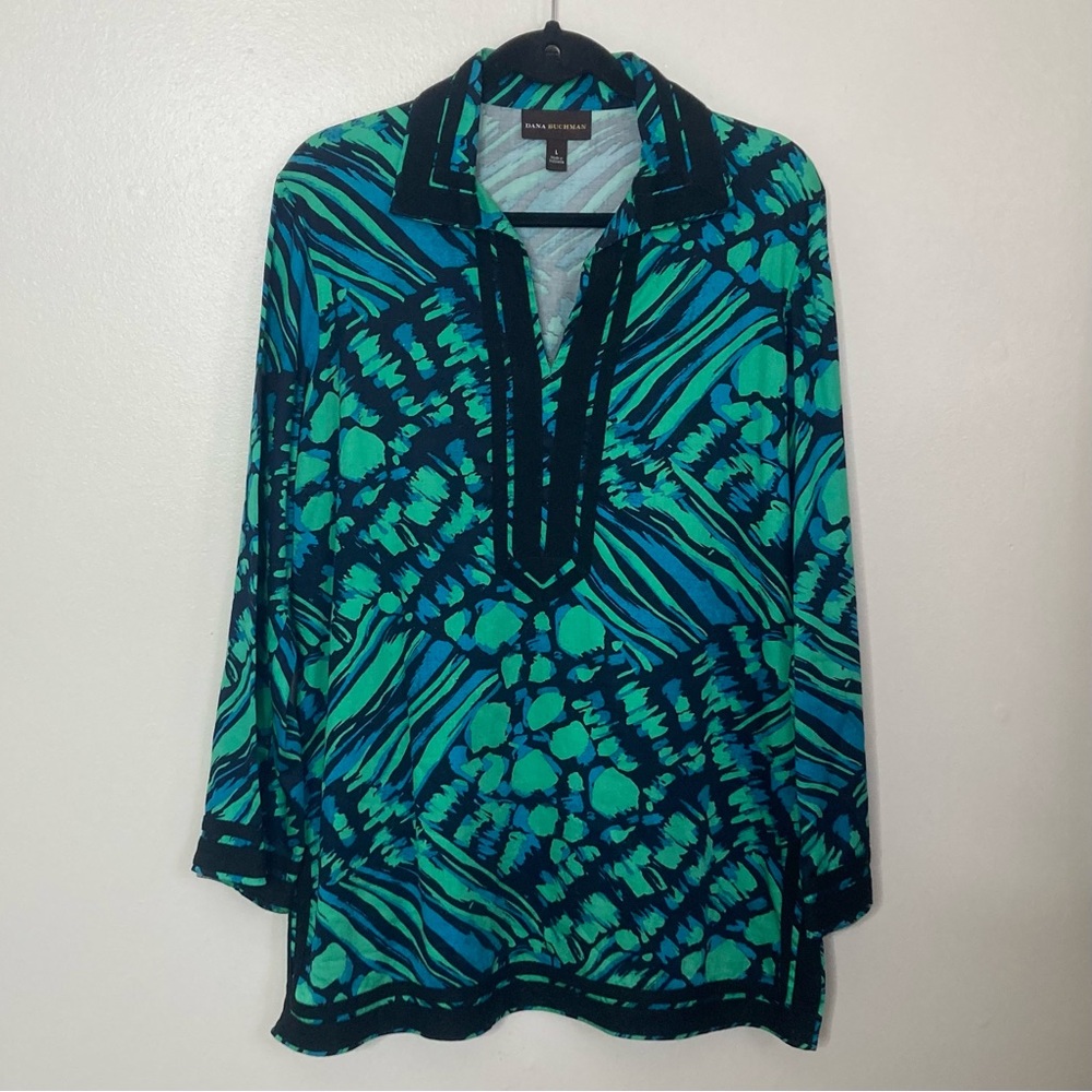 Dana Buchman Kimono Tunic Top Womens L Colorful Side Slit Lightweight
